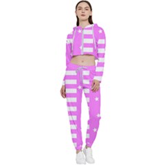 Saturated Pink Lines And Stars Pattern, Geometric Theme Cropped Zip Up Lounge Set by Casemiro