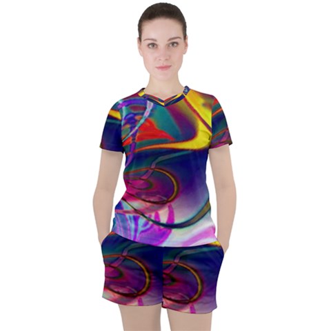 Colorful Rainbow Modern Paint Pattern 13 Women s Tee And Shorts Set by DinkovaArt