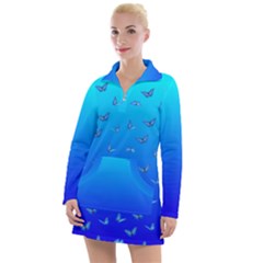 Butterflies At Blue, Two Color Tone Gradient Women s Long Sleeve Casual Dress by Casemiro