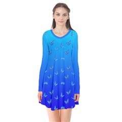 Butterflies At Blue, Two Color Tone Gradient Long Sleeve V-neck Flare Dress by Casemiro