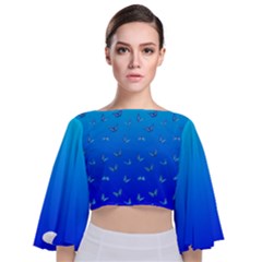 Butterflies At Blue, Two Color Tone Gradient Tie Back Butterfly Sleeve Chiffon Top by Casemiro