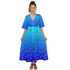 Butterflies At Blue, Two Color Tone Gradient Kimono Sleeve Boho Dress by Casemiro