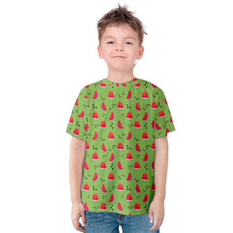 Juicy Slices Of Watermelon On A Green Background Kids  Cotton Tee by SychEva