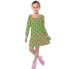 Juicy Slices Of Watermelon On A Green Background Kids  Long Sleeve Velvet Dress by SychEva