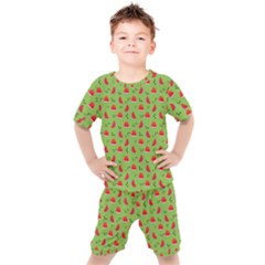 Juicy Slices Of Watermelon On A Green Background Kids  Tee And Shorts Set by SychEva