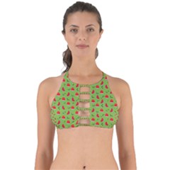 Juicy Slices Of Watermelon On A Green Background Perfectly Cut Out Bikini Top by SychEva