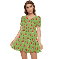 Juicy Slices Of Watermelon On A Green Background Tiered Short Sleeve Mini Dress by SychEva