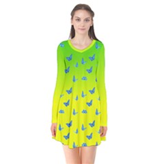 Blue Butterflies At Yellow And Green, Two Color Tone Gradient Long Sleeve V-neck Flare Dress by Casemiro