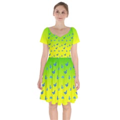 Blue Butterflies At Yellow And Green, Two Color Tone Gradient Short Sleeve Bardot Dress by Casemiro