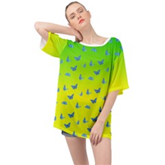 Blue Butterflies At Yellow And Green, Two Color Tone Gradient Oversized Chiffon Top by Casemiro