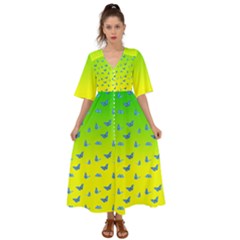 Blue Butterflies At Yellow And Green, Two Color Tone Gradient Kimono Sleeve Boho Dress by Casemiro