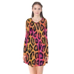 Leopard Print Long Sleeve V-neck Flare Dress by skindeep