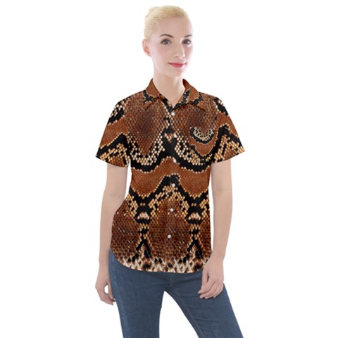 Leatherette Snake 3 Women s Short Sleeve Pocket Shirt by skindeep