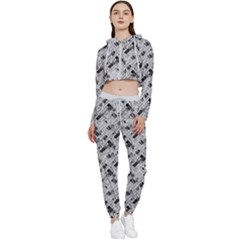 8 Bit Newspaper Pattern, Gazette Collage Black And White Cropped Zip Up Lounge Set by Casemiro