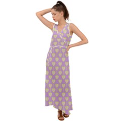 Yellow Hearts On A Light Purple Background V-neck Chiffon Maxi Dress by SychEva