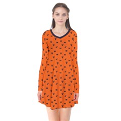 Halloween, Black Bats Pattern On Orange Long Sleeve V-neck Flare Dress by Casemiro