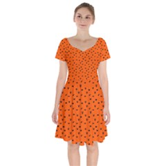 Halloween, Black Bats Pattern On Orange Short Sleeve Bardot Dress by Casemiro