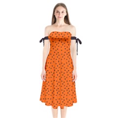 Halloween, Black Bats Pattern On Orange Shoulder Tie Bardot Midi Dress by Casemiro