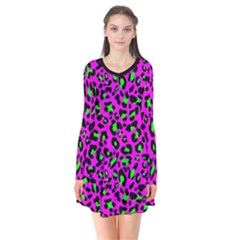 Pink And Green Leopard Spots Pattern Long Sleeve V-neck Flare Dress by Casemiro