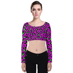 Pink And Green Leopard Spots Pattern Velvet Long Sleeve Crop Top by Casemiro