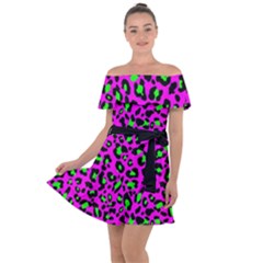 Pink And Green Leopard Spots Pattern Off Shoulder Velour Dress by Casemiro