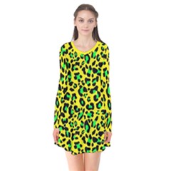 Yellow And Green, Neon Leopard Spots Pattern Long Sleeve V-neck Flare Dress by Casemiro