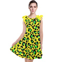 Yellow And Green, Neon Leopard Spots Pattern Tie Up Tunic Dress by Casemiro