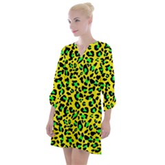 Yellow And Green, Neon Leopard Spots Pattern Open Neck Shift Dress by Casemiro