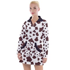 Brown Cow Spots Pattern, Animal Fur Print Women s Long Sleeve Casual Dress by Casemiro