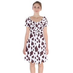 Brown Cow Spots Pattern, Animal Fur Print Short Sleeve Bardot Dress by Casemiro