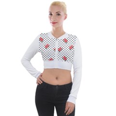 Red Vector Roses And Black Polka Dots Pattern Long Sleeve Cropped Velvet Jacket by Casemiro