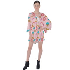 Funny Sweets With Teeth V-neck Flare Sleeve Mini Dress by SychEva