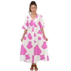 Pink Cow Spots, Large Version, Animal Fur Print In Pastel Colors Kimono Sleeve Boho Dress by Casemiro