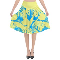 Yellow And Blue Leafs Silhouette At Sky Blue Flared Midi Skirt by Casemiro