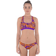 Purple And Orange Pumpkins, Crazy Halloween Pattern, Jack O  Lantern Cross Back Hipster Bikini Set by Casemiro