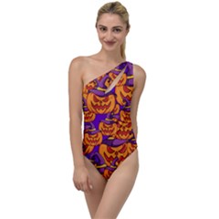 Purple And Orange Pumpkins, Crazy Halloween Pattern, Jack O  Lantern To One Side Swimsuit by Casemiro