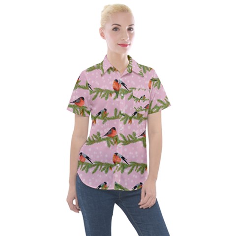 Bullfinches Sit On Branches On A Pink Background Women s Short Sleeve Pocket Shirt by SychEva