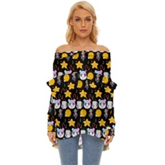 Cats Sun Stars Off Shoulder Chiffon Pocket Shirt by Sparkle