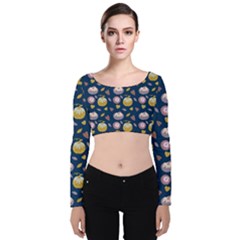 Autumn Pumpkins Velvet Long Sleeve Crop Top by SychEva