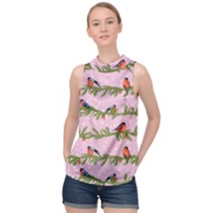 Bullfinches Sit On Branches On A Pink Background High Neck Satin Top by SychEva