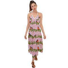 Bullfinches Sit On Branches On A Pink Background Halter Tie Back Dress  by SychEva