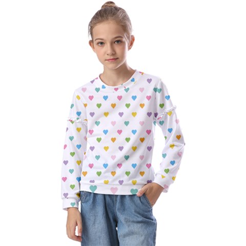 Small Multicolored Hearts Kids  Long Sleeve Tee With Frill  by SychEva