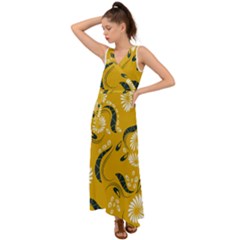 Folk Flowers Print Floral Pattern Ethnic Art V-neck Chiffon Maxi Dress by Eskimos