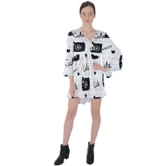 Cute Cameras Doodles Hand Drawn V-neck Flare Sleeve Mini Dress by Sapixe