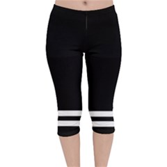 Two Lower Horizontal White Stripes On Black Velvet Capri Leggings  by VernenInk