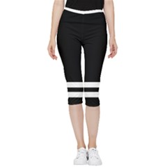 Two Lower Horizontal White Stripes On Black Inside Out Lightweight Velour Capri Leggings  by VernenInk