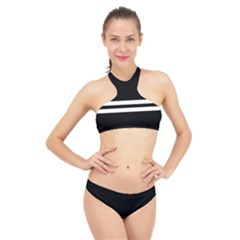 Two Horizontal White Stripes On Black High Neck Bikini Set by VernenInk