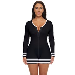 Two Horizontal White Stripes On Black Long Sleeve Boyleg Swimsuit by VernenInk