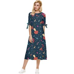 Bright Mushrooms Bow Sleeve Chiffon Midi Dress by SychEva