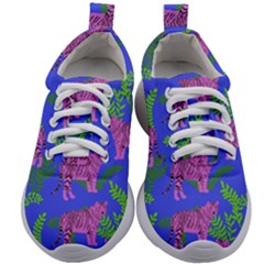 Pink Tigers On A Blue Background Kids Athletic Shoes by SychEva